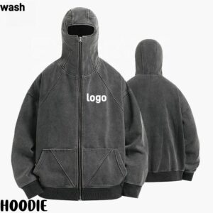 “Front view of Custom Men's Acid Wash Full Face Zip-Up Hoodie in streetwear style”