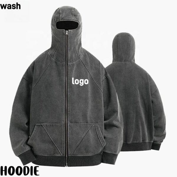 “Front view of Custom Men's Acid Wash Full Face Zip-Up Hoodie in streetwear style”