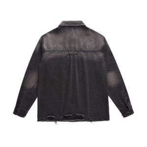 Back view of men’s Custom Denim Jacket showcasing the washed hole whisker effect