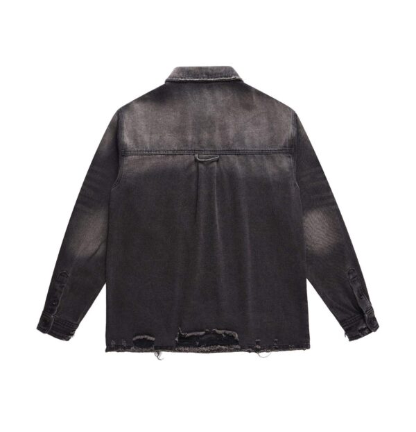 Back view of men’s Custom Denim Jacket showcasing the washed hole whisker effect