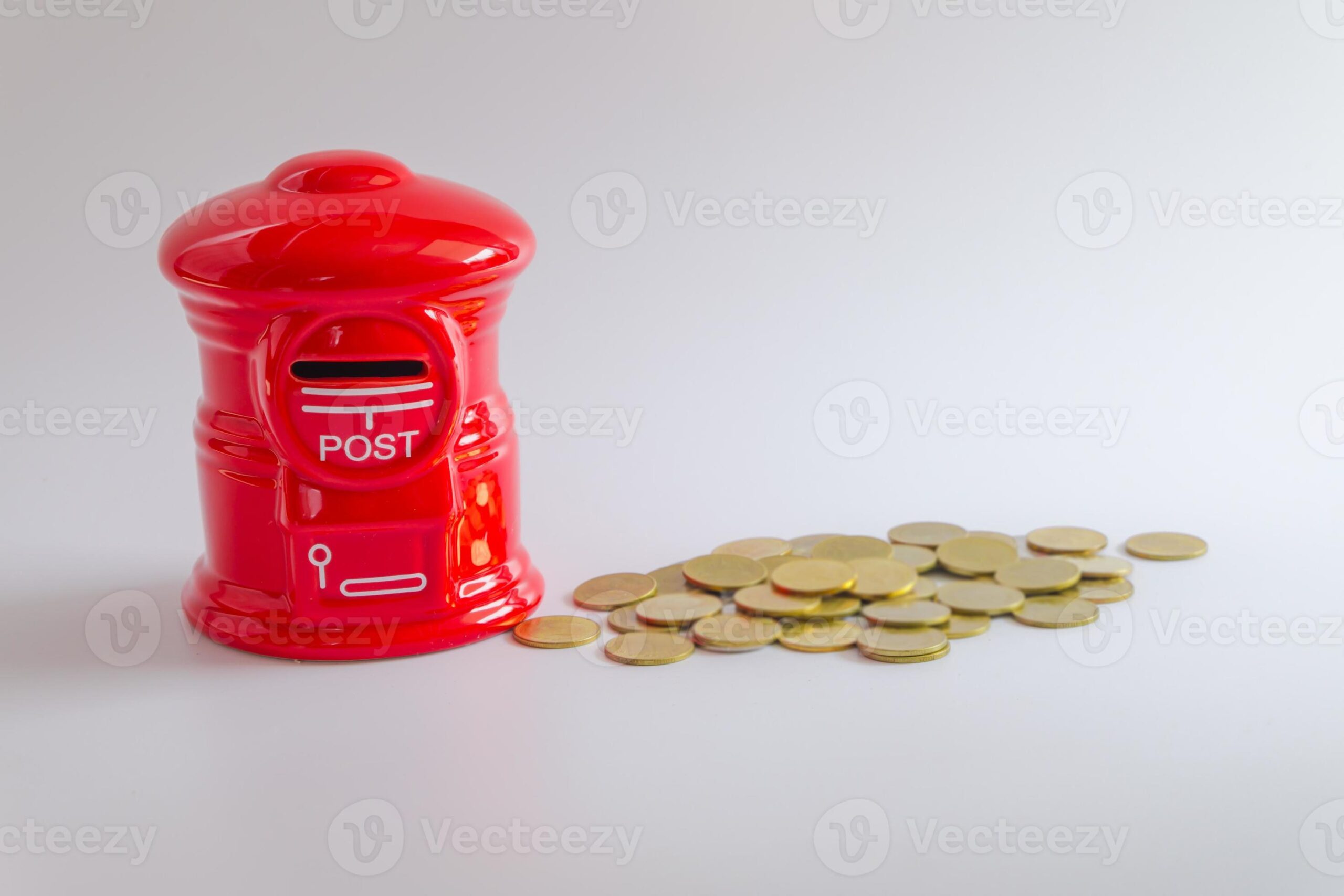 piggy-bank-or-red-post-box-shaped-money-box-with-money-coin-stack-growing-on-white-background-selective-focus-photo Creative post box bank money saving box for kids and adults